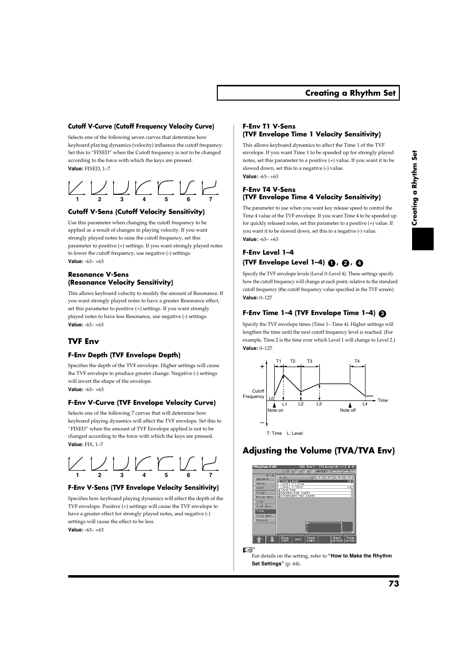 Adjusting the volume (tva/tva env), P. 73, 73 creating a rhythm set | Tvf env | Roland Fantom-S88 User Manual | Page 73 / 228