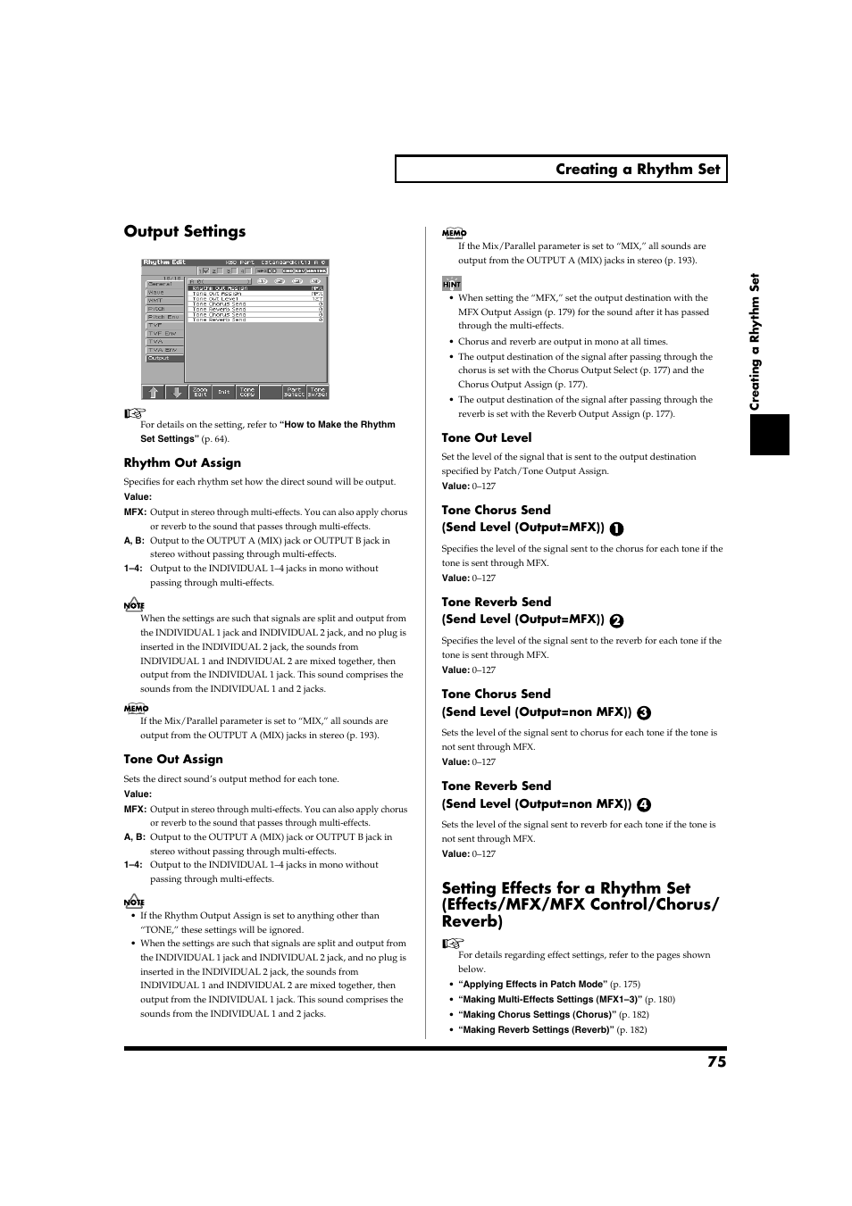 Output settings, 75 creating a rhythm set | Roland Fantom-S88 User Manual | Page 75 / 228