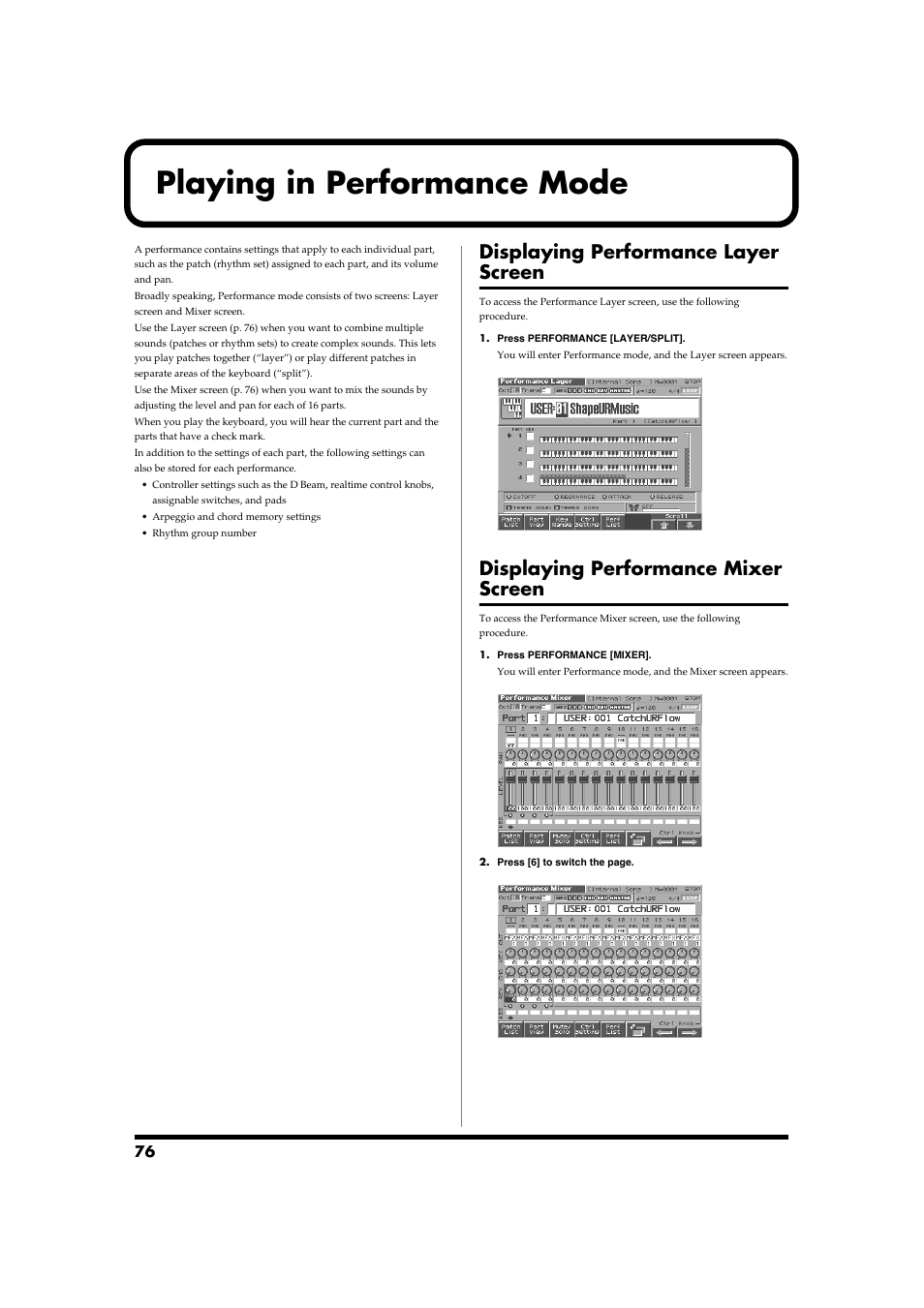 Playing in performance mode, Displaying performance layer screen, Displaying performance mixer screen | P. 76) | Roland Fantom-S88 User Manual | Page 76 / 228