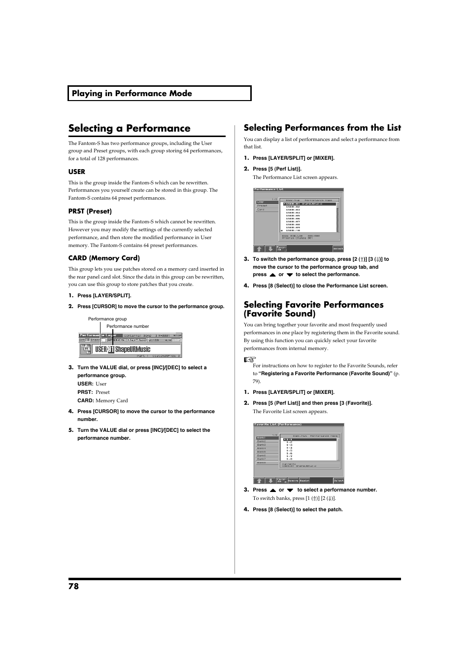 Selecting a performance, Selecting performances from the list, Selecting favorite performances (favorite sound) | 78 playing in performance mode | Roland Fantom-S88 User Manual | Page 78 / 228