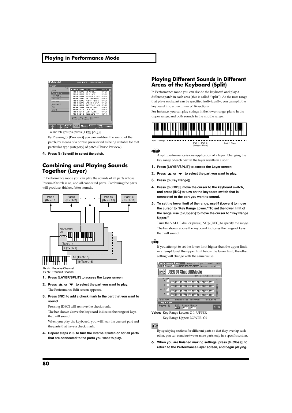 Combining and playing sounds together (layer), 80 playing in performance mode | Roland Fantom-S88 User Manual | Page 80 / 228