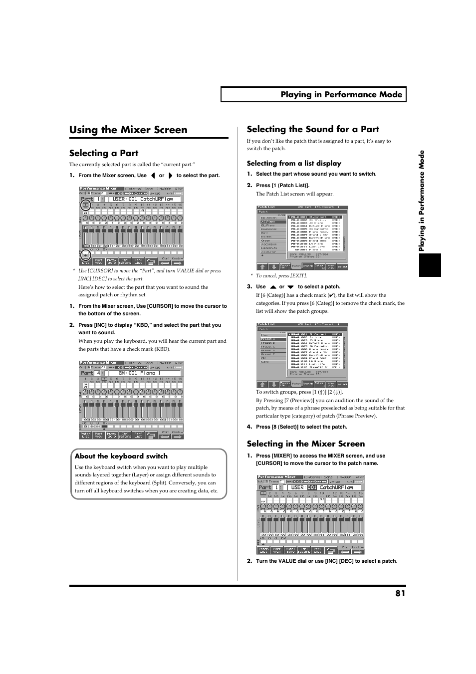 Using the mixer screen, Selecting a part, Selecting the sound for a part | Selecting a part selecting the sound for a part, 81 playing in performance mode, Selecting in the mixer screen | Roland Fantom-S88 User Manual | Page 81 / 228