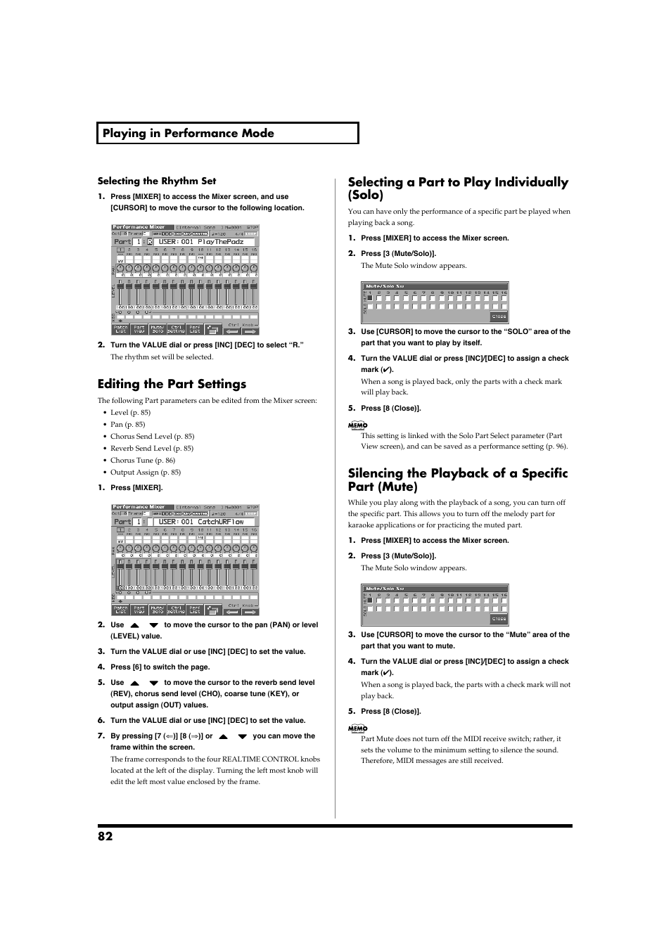 Editing the part settings, Selecting a part to play individually (solo), Silencing the playback of a specific part (mute) | 82 playing in performance mode | Roland Fantom-S88 User Manual | Page 82 / 228