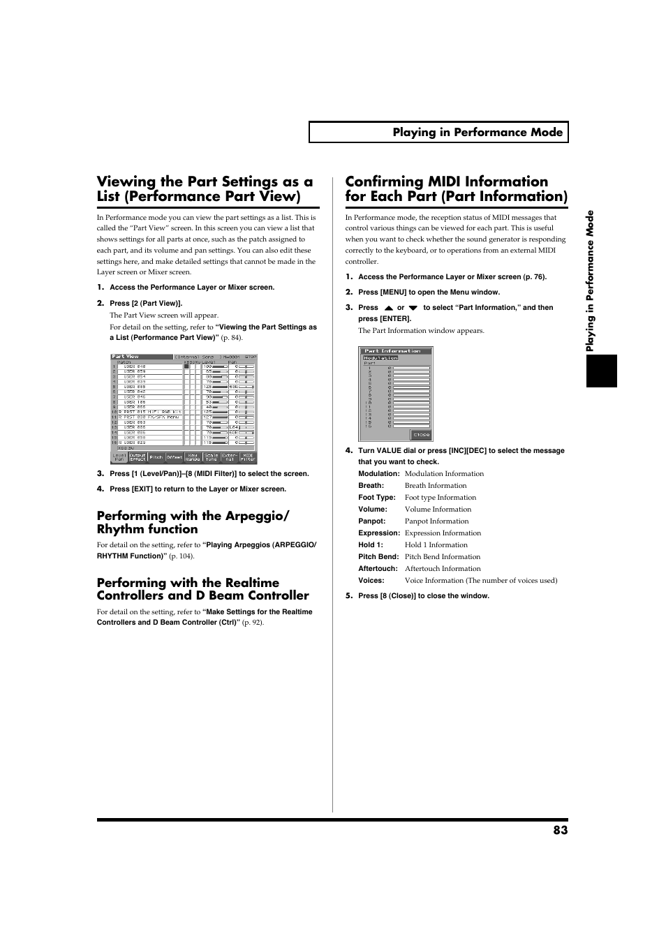 Performing with the arpeggio/ rhythm function, 83 playing in performance mode | Roland Fantom-S88 User Manual | Page 83 / 228