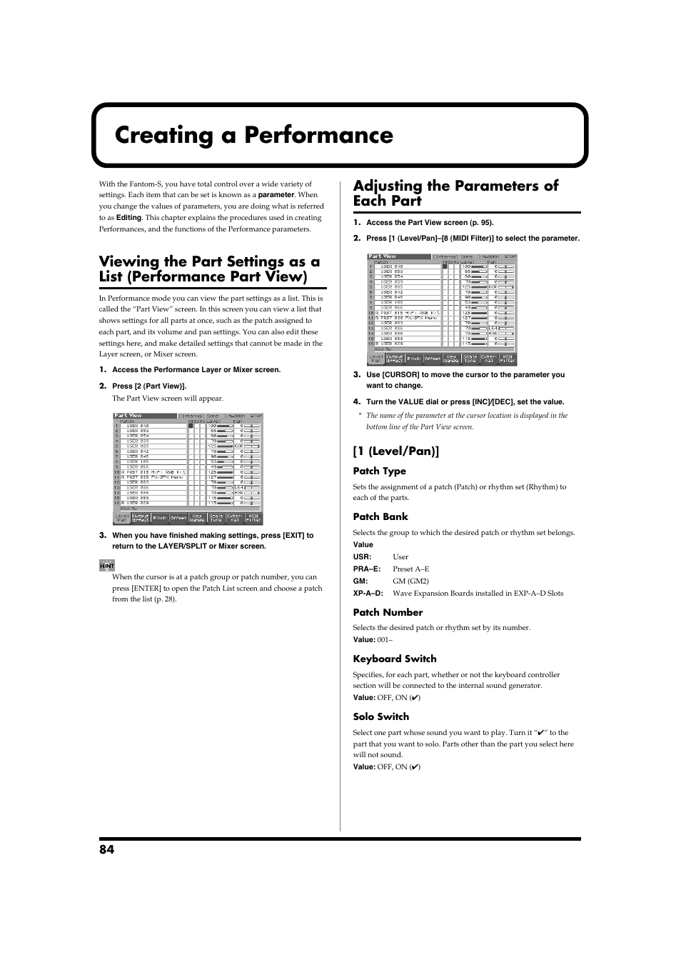 Creating a performance, Adjusting the parameters of each part, 1 (level/pan) | Roland Fantom-S88 User Manual | Page 84 / 228