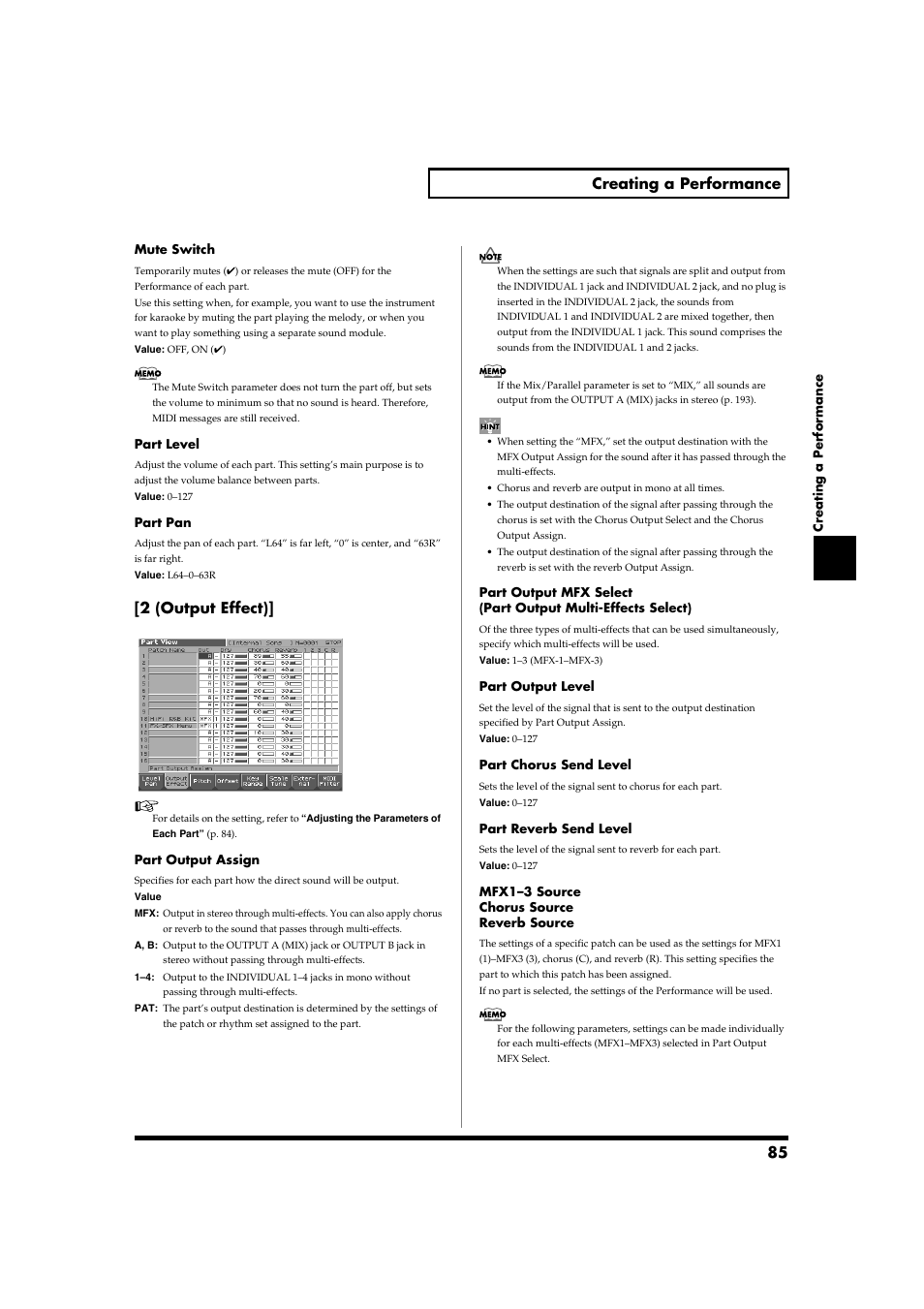 Level (p. 85), Pan (p. 85), Chorus send level (p. 85) | Reverb send level (p. 85), Output assign (p. 85), 85 creating a performance, 2 (output effect) | Roland Fantom-S88 User Manual | Page 85 / 228