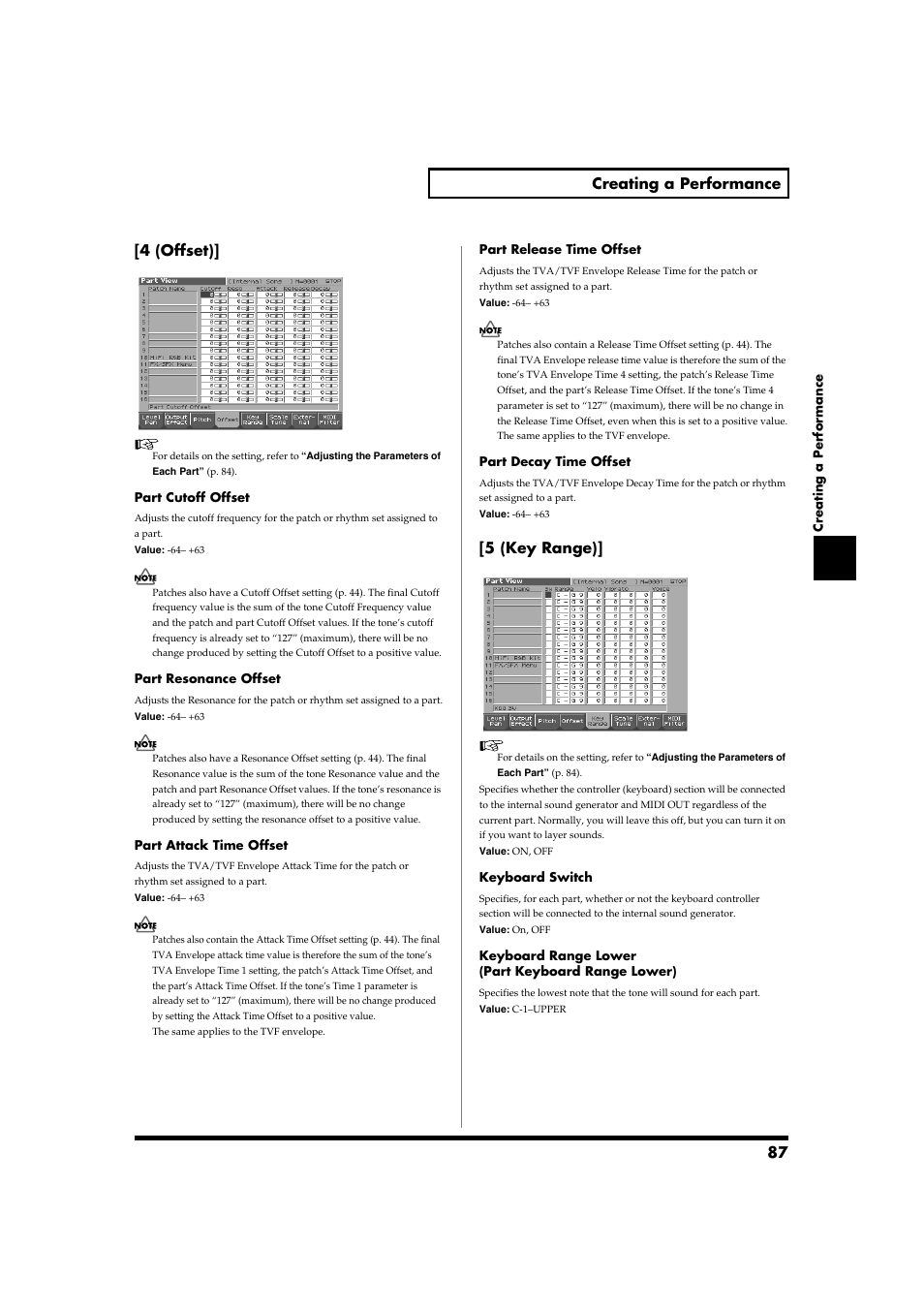 87 creating a performance, 4 (offset), 5 (key range) | Roland Fantom-S88 User Manual | Page 87 / 228