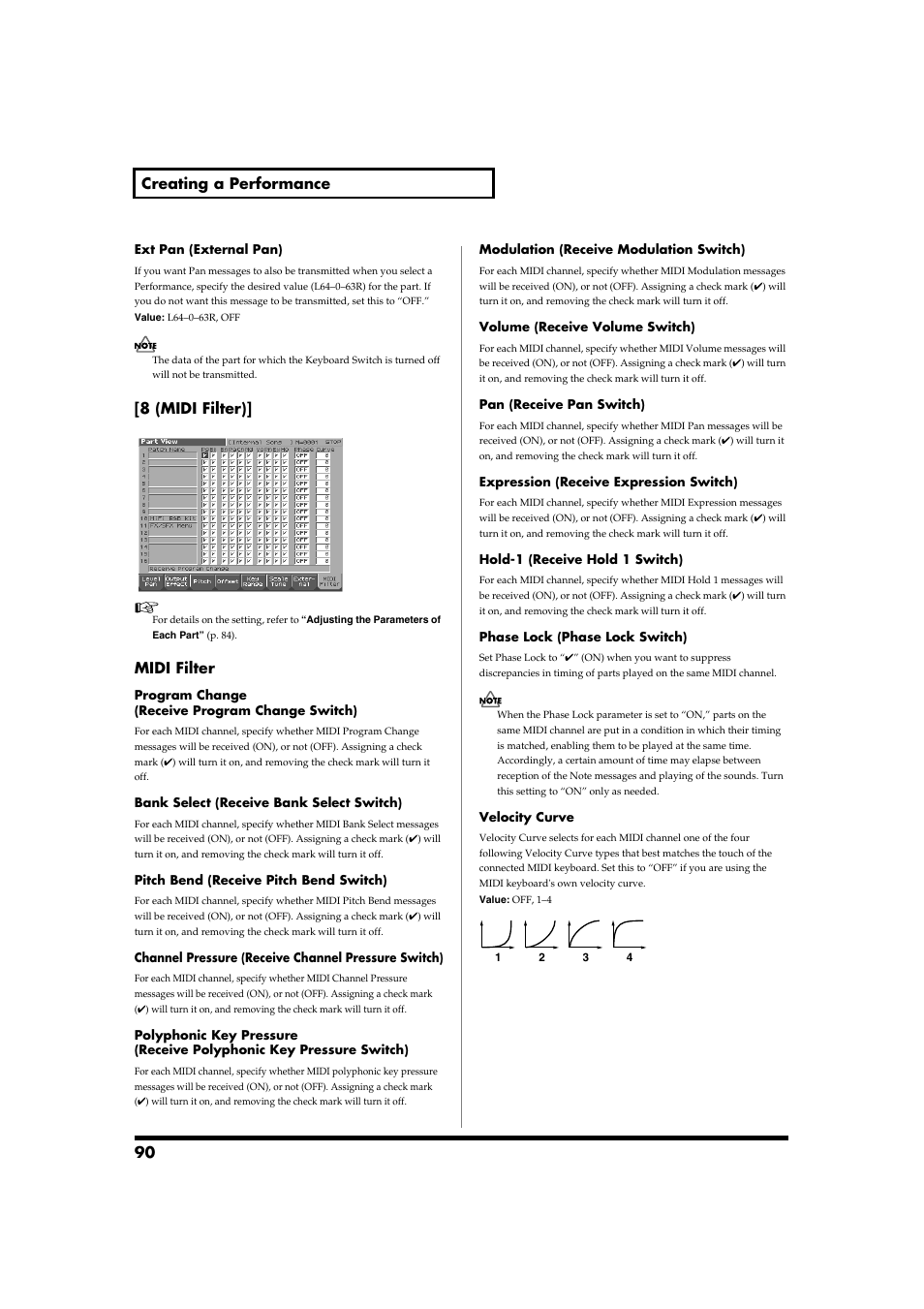 90 creating a performance, 8 (midi filter), Midi filter | Roland Fantom-S88 User Manual | Page 90 / 228