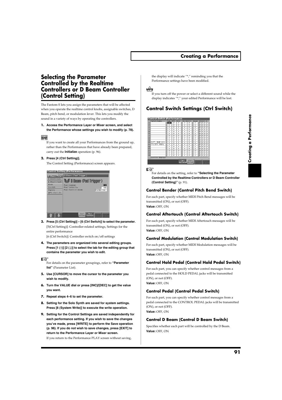 91 creating a performance, Control switch settings (ctrl switch) | Roland Fantom-S88 User Manual | Page 91 / 228