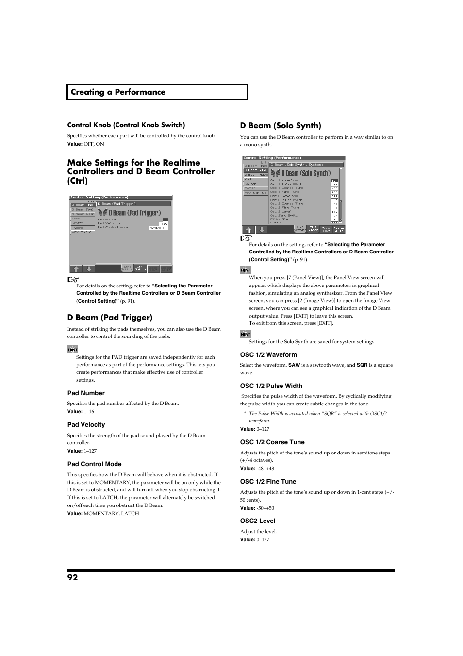 92 creating a performance, D beam (pad trigger), D beam (solo synth) | Roland Fantom-S88 User Manual | Page 92 / 228