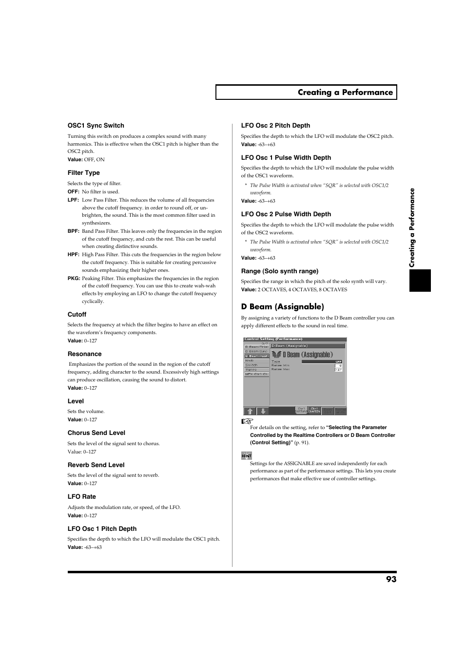 93 creating a performance, D beam (assignable) | Roland Fantom-S88 User Manual | Page 93 / 228