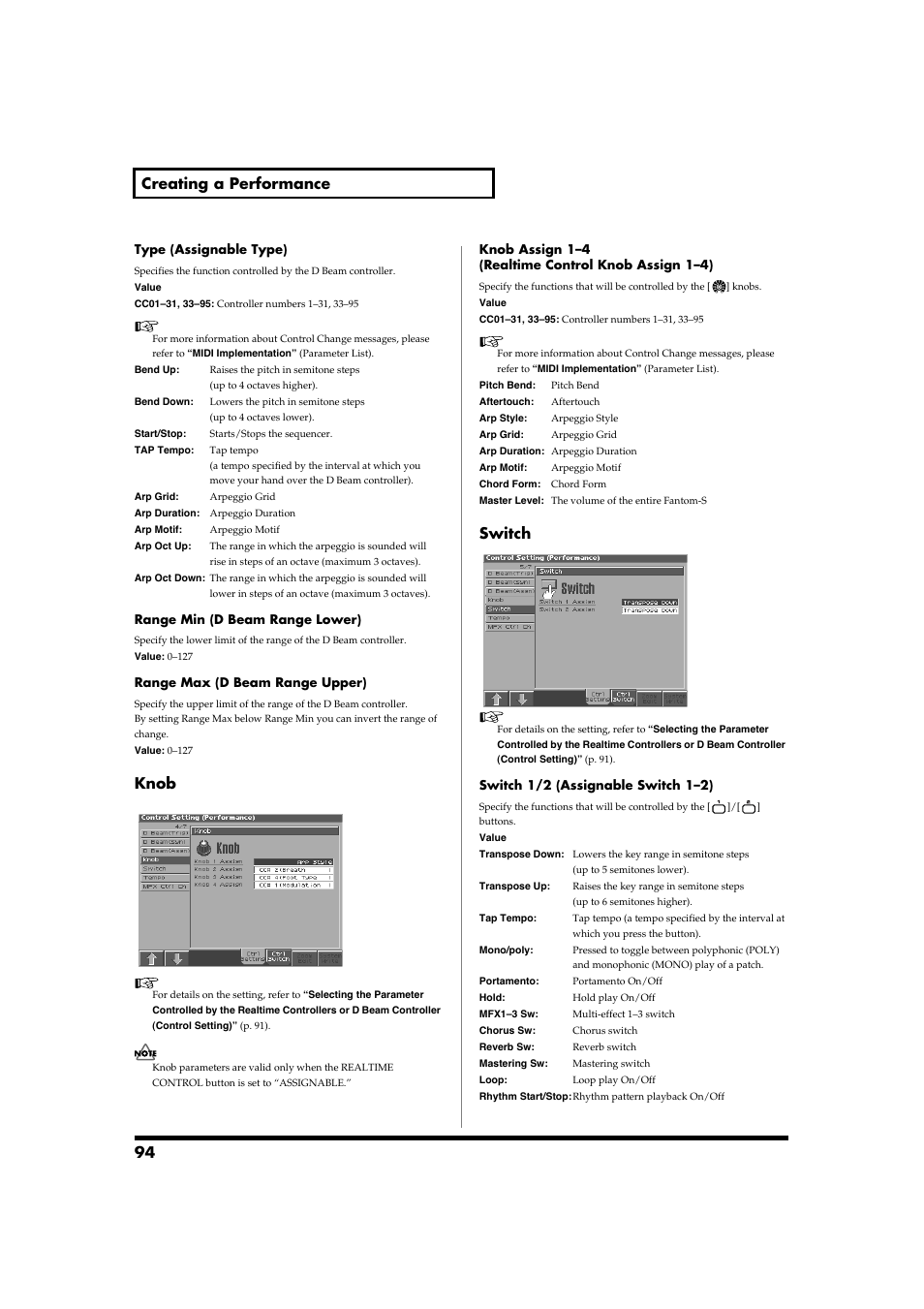 94 creating a performance, Knob, Switch | Roland Fantom-S88 User Manual | Page 94 / 228