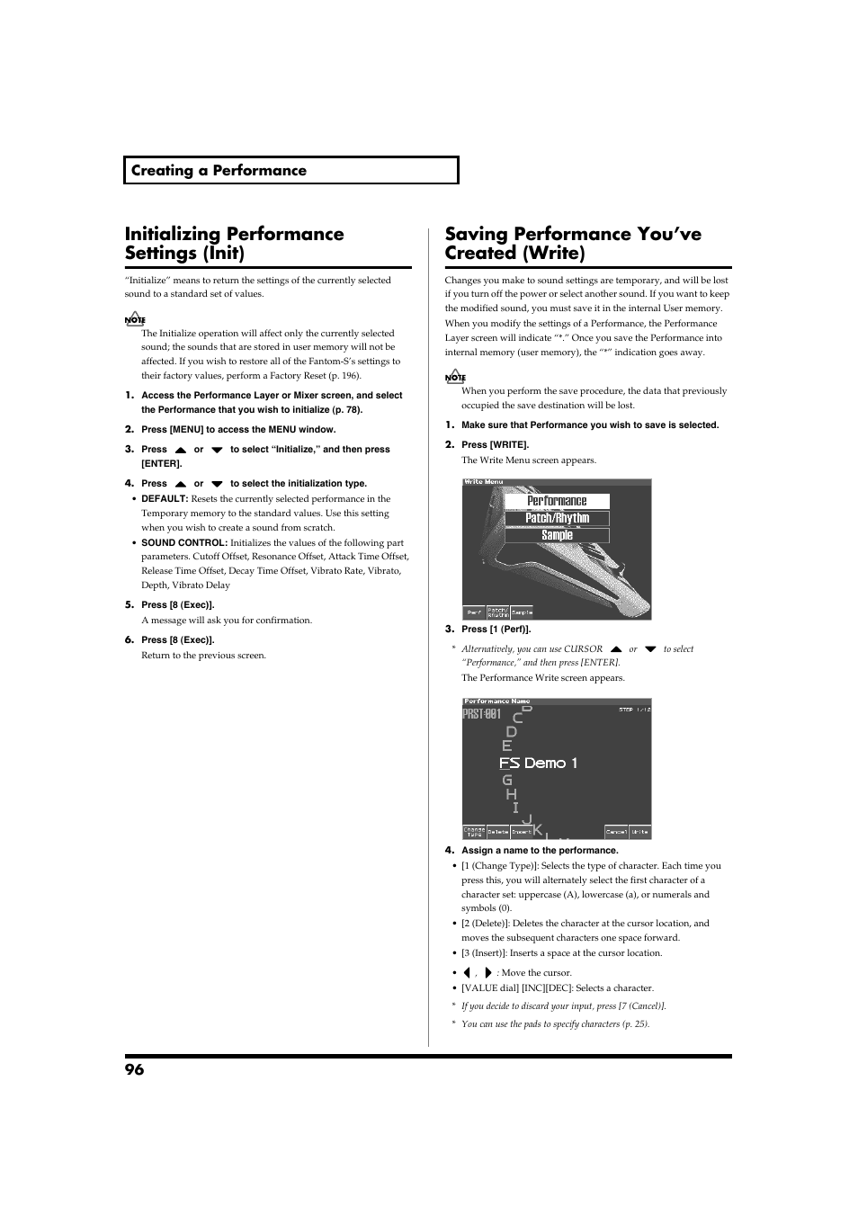 Initializing performance settings (init), Saving performance you’ve created (write), Operation (p. 96) | 96 creating a performance | Roland Fantom-S88 User Manual | Page 96 / 228