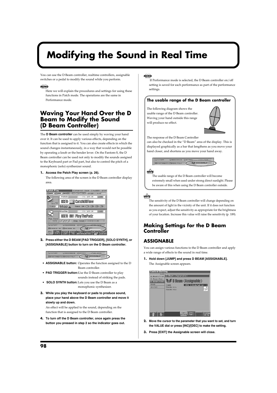 Modifying the sound in real time, Making settings for the d beam controller, P. 98) | Assignable | Roland Fantom-S88 User Manual | Page 98 / 228