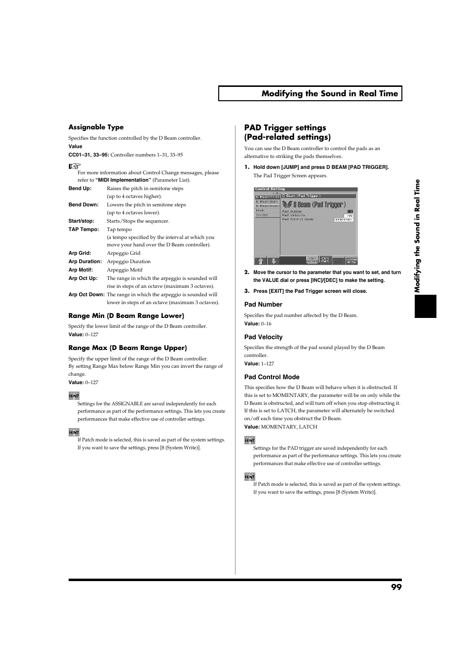 P. 99), 99 modifying the sound in real time, Pad trigger settings (pad-related settings) | Roland Fantom-S88 User Manual | Page 99 / 228