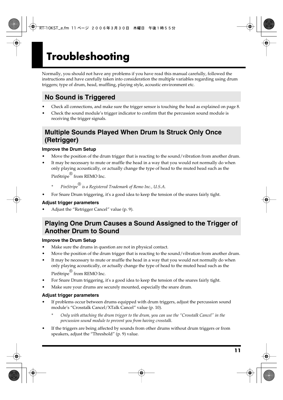 Troubleshooting, No sound is triggered | Roland RT-10T User Manual | Page 11 / 18