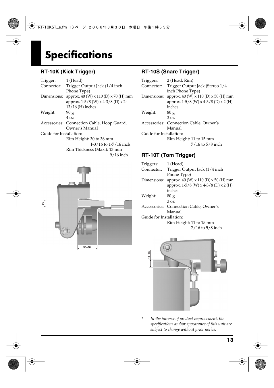 Specifications, Rt-10k (kick trigger), Rt-10s (snare trigger) | Rt-10t (tom trigger) | Roland RT-10T User Manual | Page 13 / 18