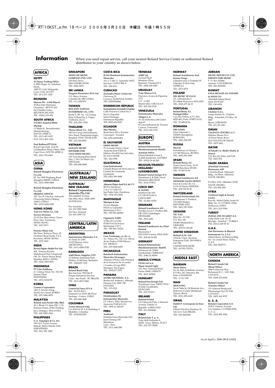 Information, Rt-10kst_e.fm 18 ページ ２００６年３月３０日 木曜日 午後１時５５分 | Roland RT-10T User Manual | Page 18 / 18