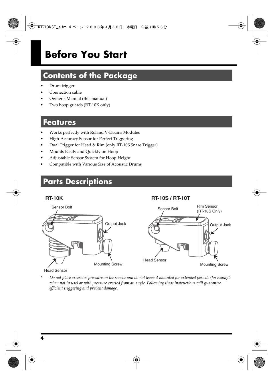 Before you start, Contents of the package, Features | Parts descriptions | Roland RT-10T User Manual | Page 4 / 18