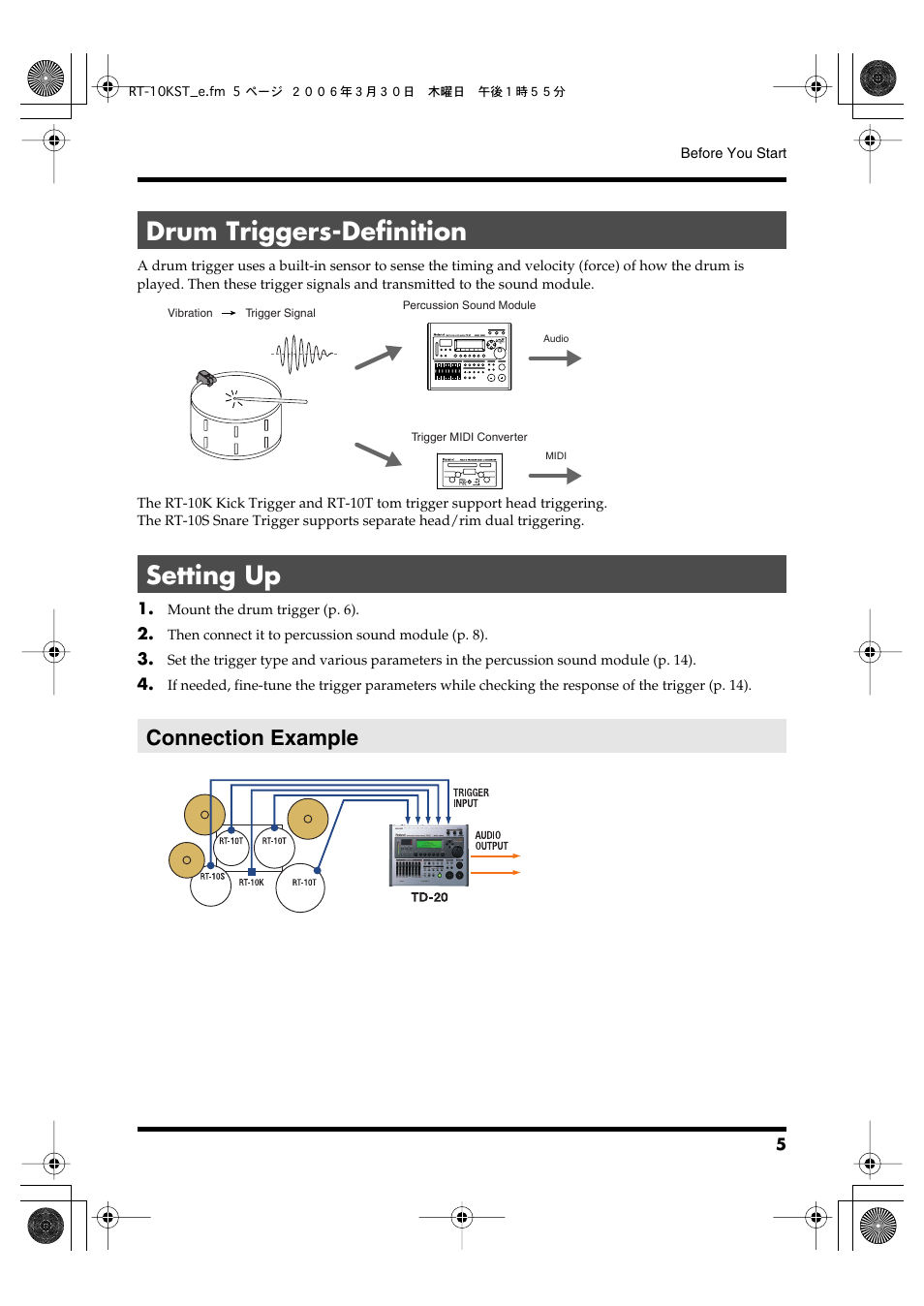 Drum triggers-definition, Setting up, Connection example | Drum triggers-definition setting up | Roland RT-10T User Manual | Page 5 / 18