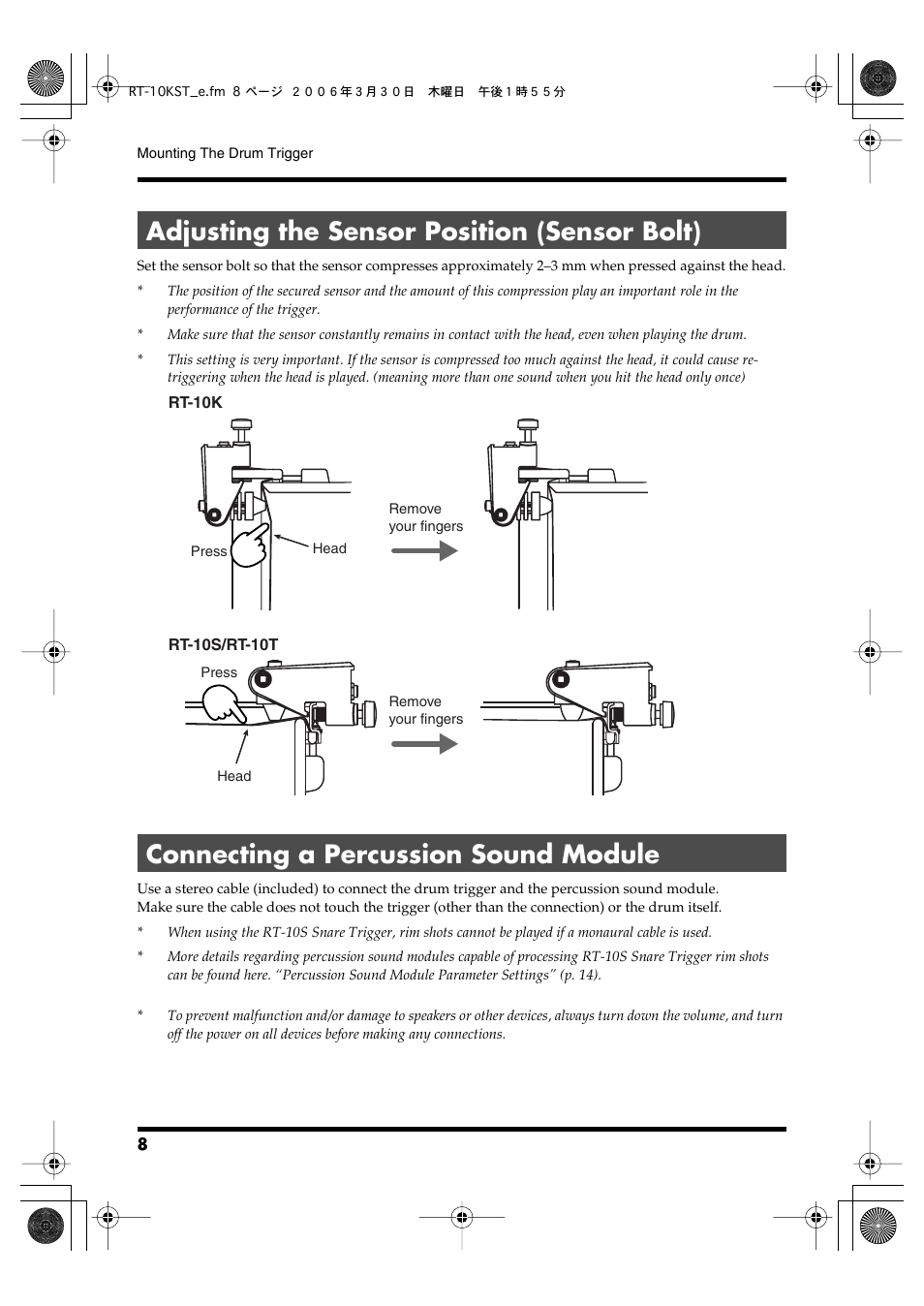 Adjusting the sensor position (sensor bolt), Connecting a percussion sound module, Then connect it to percussion sound module (p. 8) | Roland RT-10T User Manual | Page 8 / 18