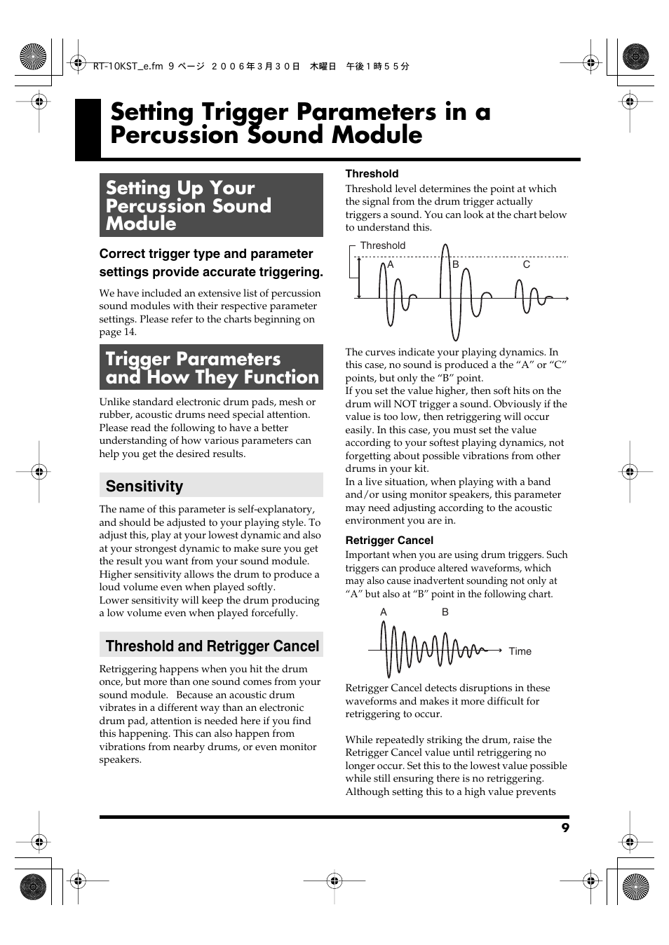 Setting up your percussion sound module, Trigger parameters and how they function, Sensitivity | Threshold and retrigger cancel | Roland RT-10T User Manual | Page 9 / 18