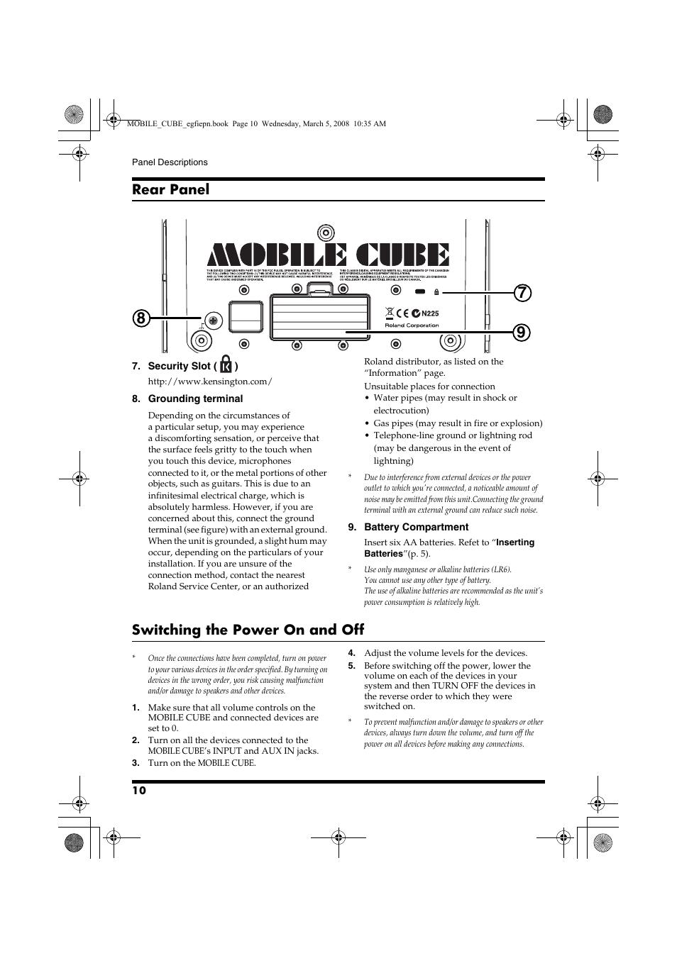 Rear panel, Switching the power on and off | Roland MOBILE CUBE User Manual | Page 10 / 64