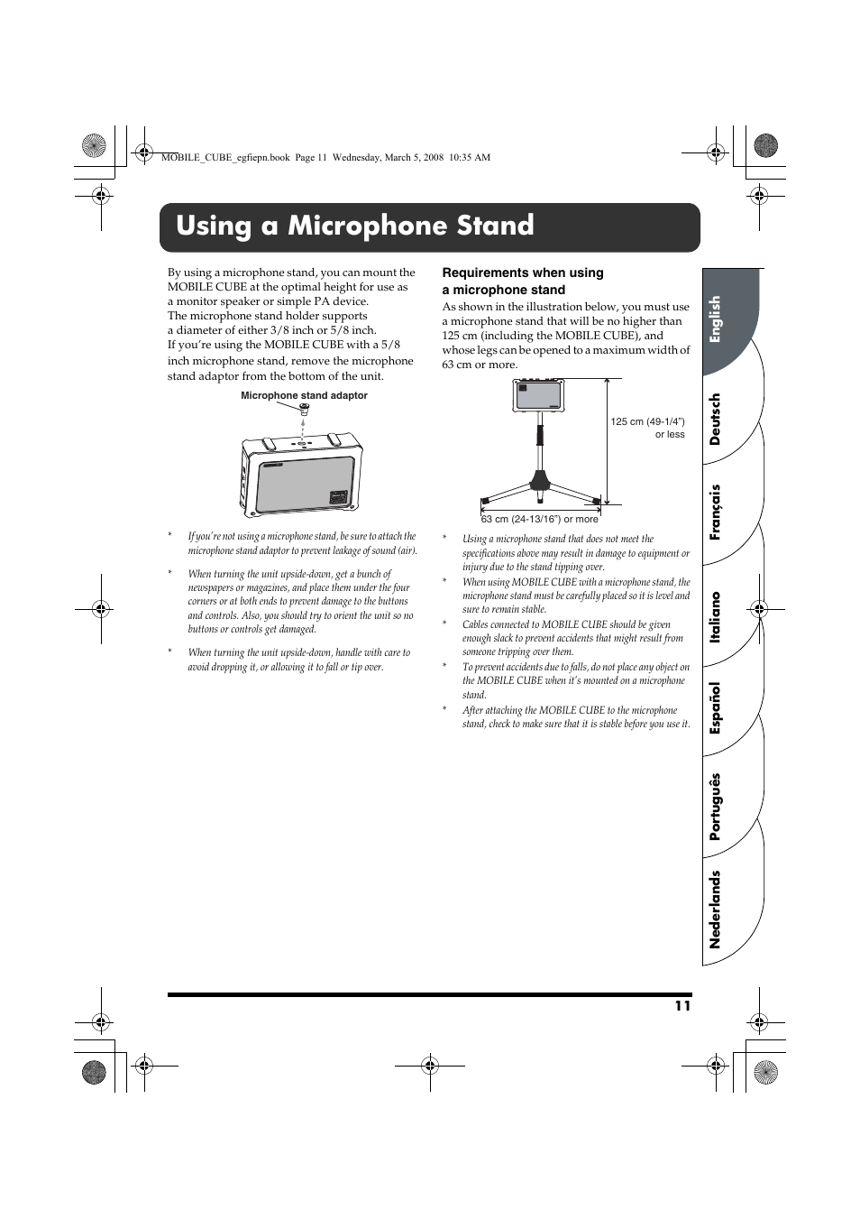 Using a microphone stand | Roland MOBILE CUBE User Manual | Page 11 / 64