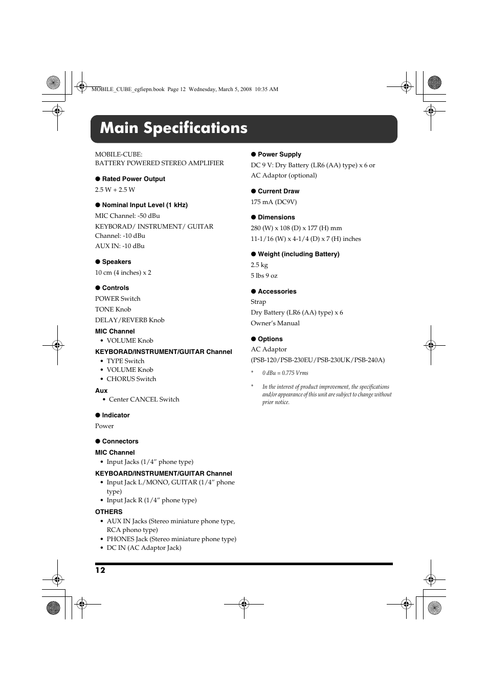 Main specifications | Roland MOBILE CUBE User Manual | Page 12 / 64