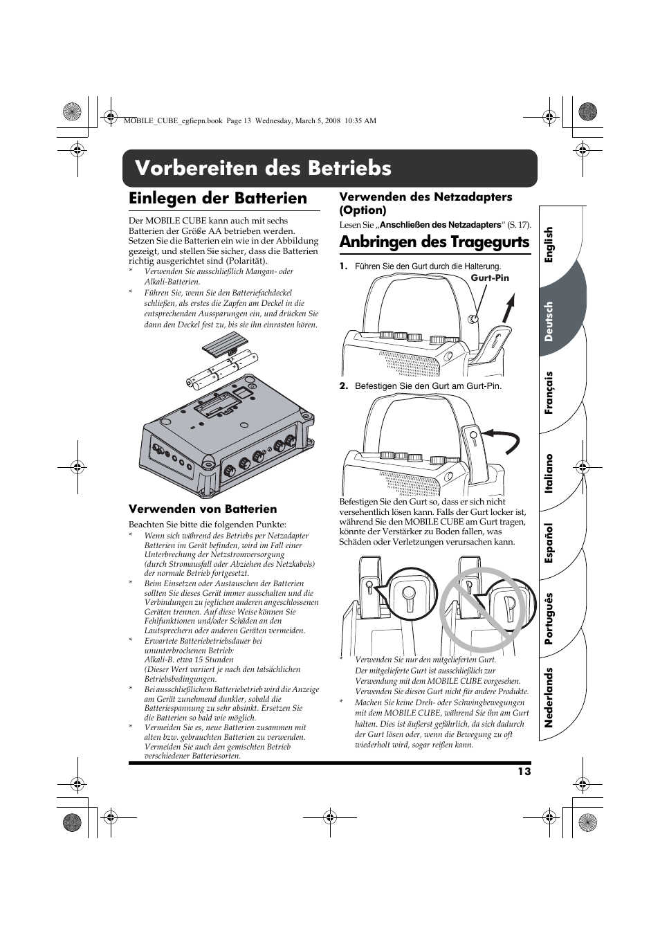 Deutch, Vorbereiten des betriebs, Einlegen der batterien | Anbringen des tragegurts | Roland MOBILE CUBE User Manual | Page 13 / 64