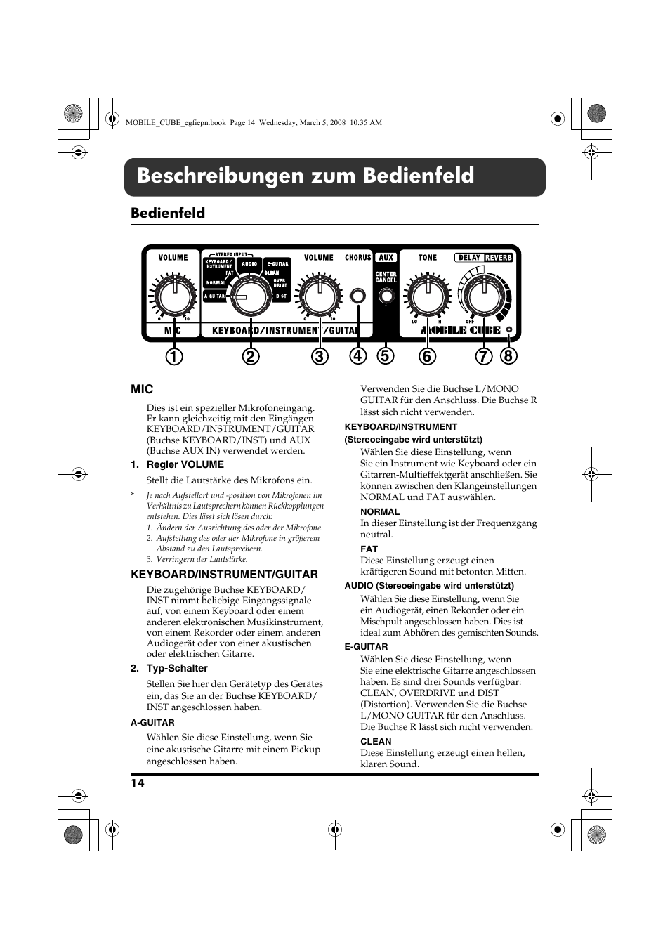 Beschreibungen zum bedienfeld, Bedienfeld, Keyboard/instrument/guitar | Roland MOBILE CUBE User Manual | Page 14 / 64