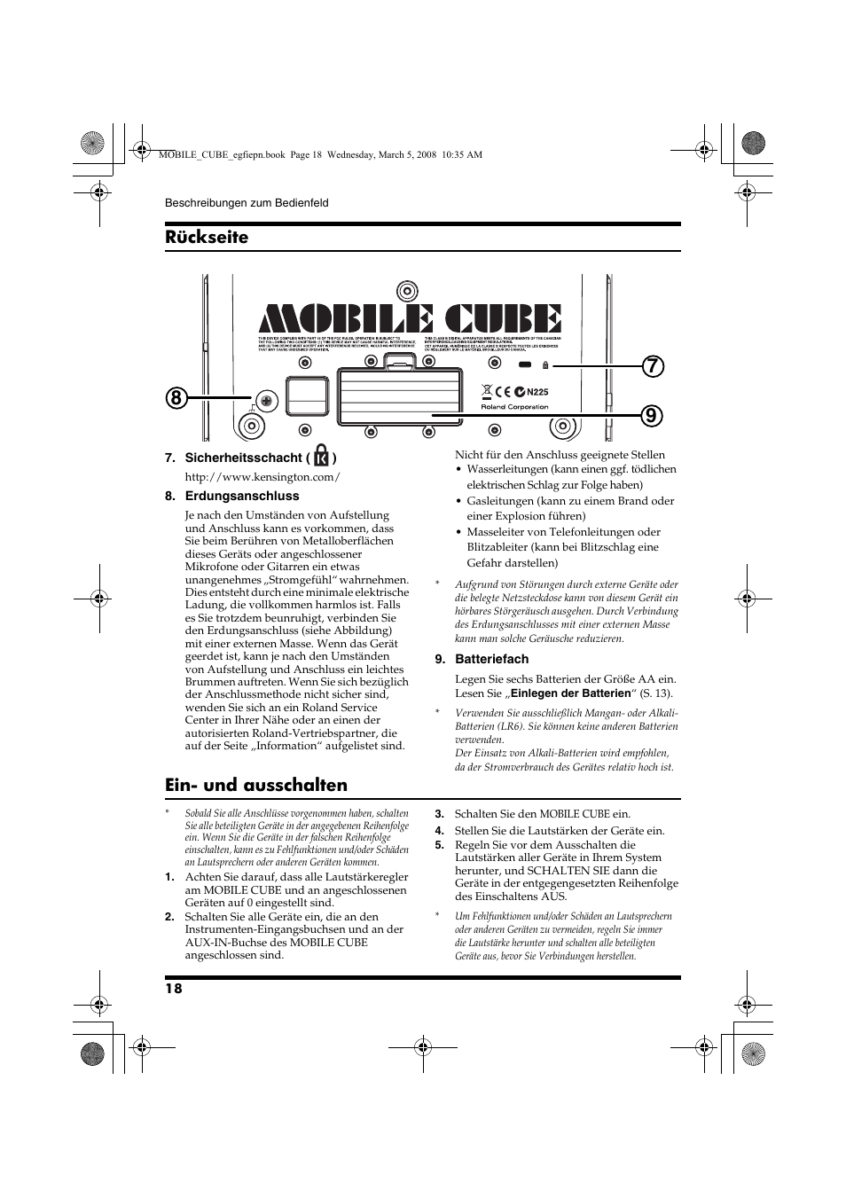 Rückseite, Ein- und ausschalten | Roland MOBILE CUBE User Manual | Page 18 / 64