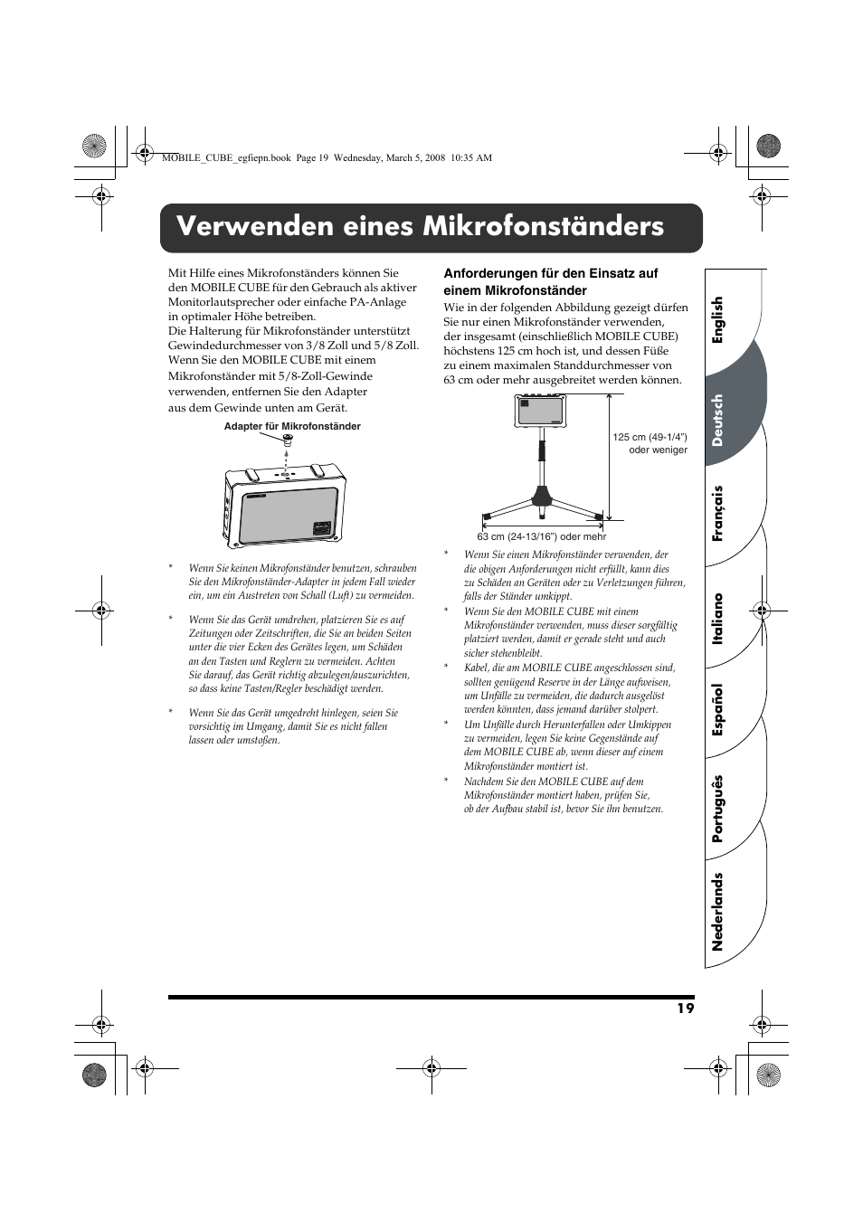 Verwenden eines mikrofonständers | Roland MOBILE CUBE User Manual | Page 19 / 64