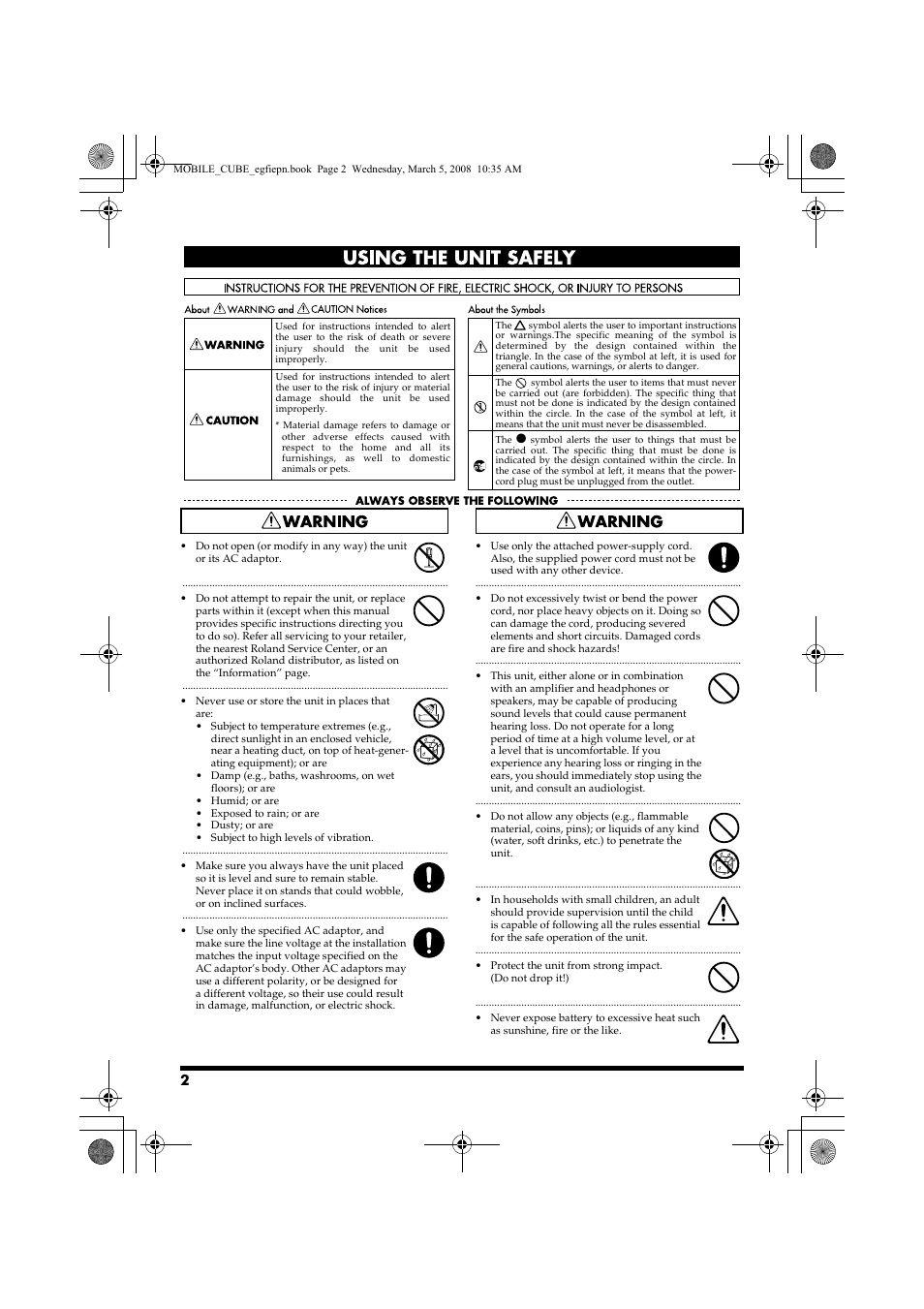 Using the unit safely | Roland MOBILE CUBE User Manual | Page 2 / 64