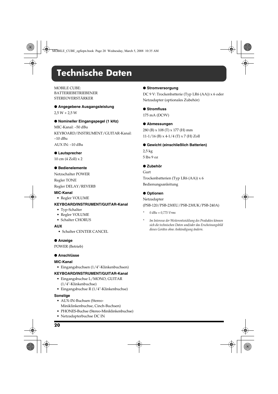 Technische daten | Roland MOBILE CUBE User Manual | Page 20 / 64