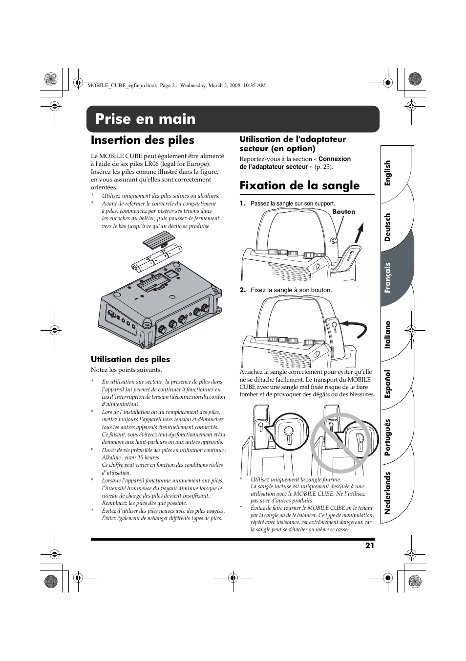 Français, Prise en main, Insertion des piles | Fixation de la sangle | Roland MOBILE CUBE User Manual | Page 21 / 64