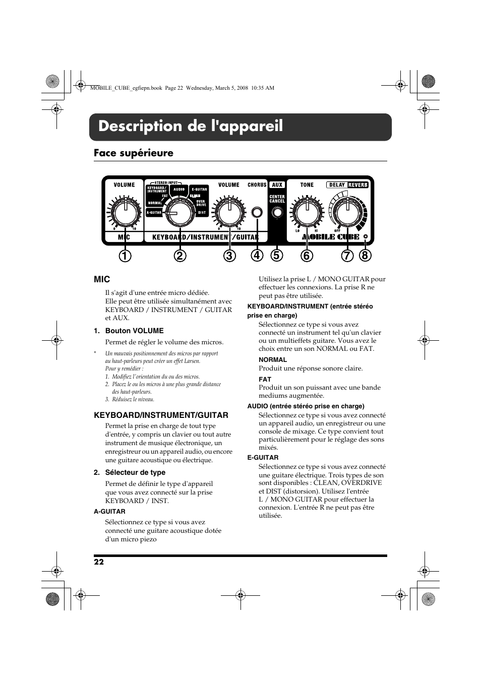 Description de l'appareil, Face supérieure, Keyboard/instrument/guitar | Roland MOBILE CUBE User Manual | Page 22 / 64