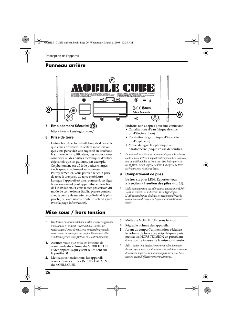 Panneau arrière, Mise sous / hors tension | Roland MOBILE CUBE User Manual | Page 26 / 64