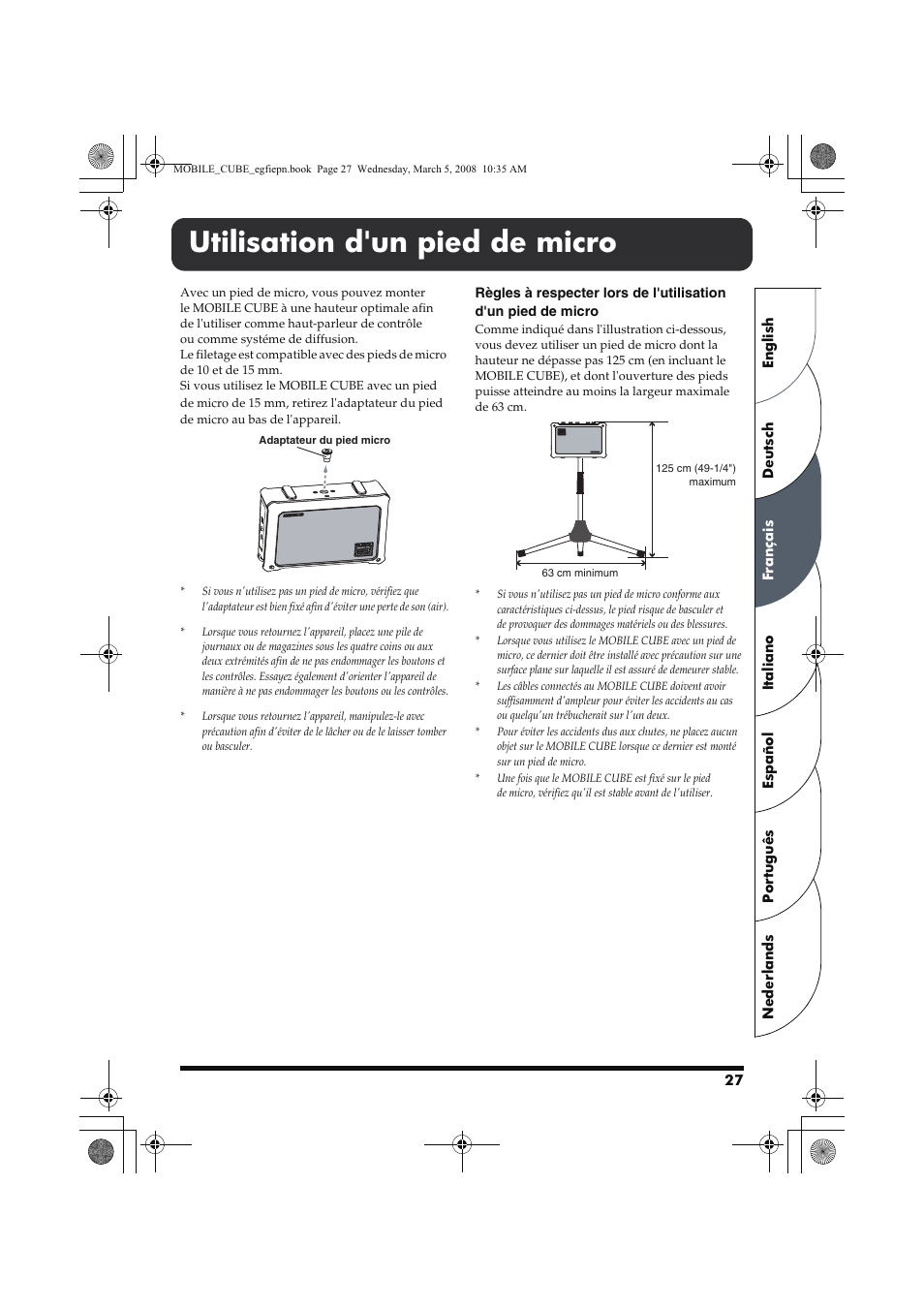 Utilisation d'un pied de micro | Roland MOBILE CUBE User Manual | Page 27 / 64