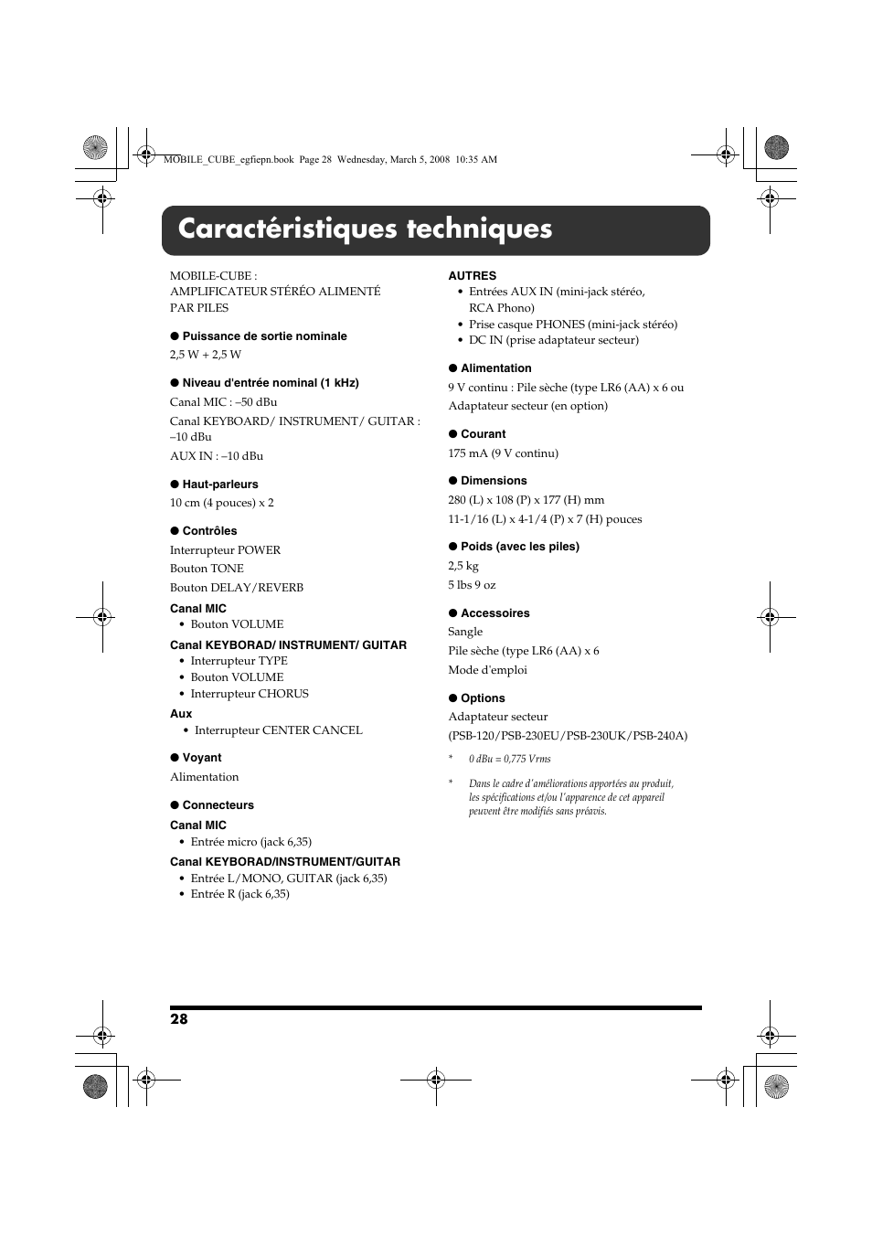 Caractéristiques techniques | Roland MOBILE CUBE User Manual | Page 28 / 64