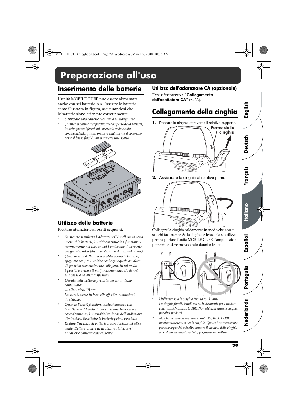 Italiano, Preparazione all'uso, Inserimento delle batterie | Collegamento della cinghia | Roland MOBILE CUBE User Manual | Page 29 / 64