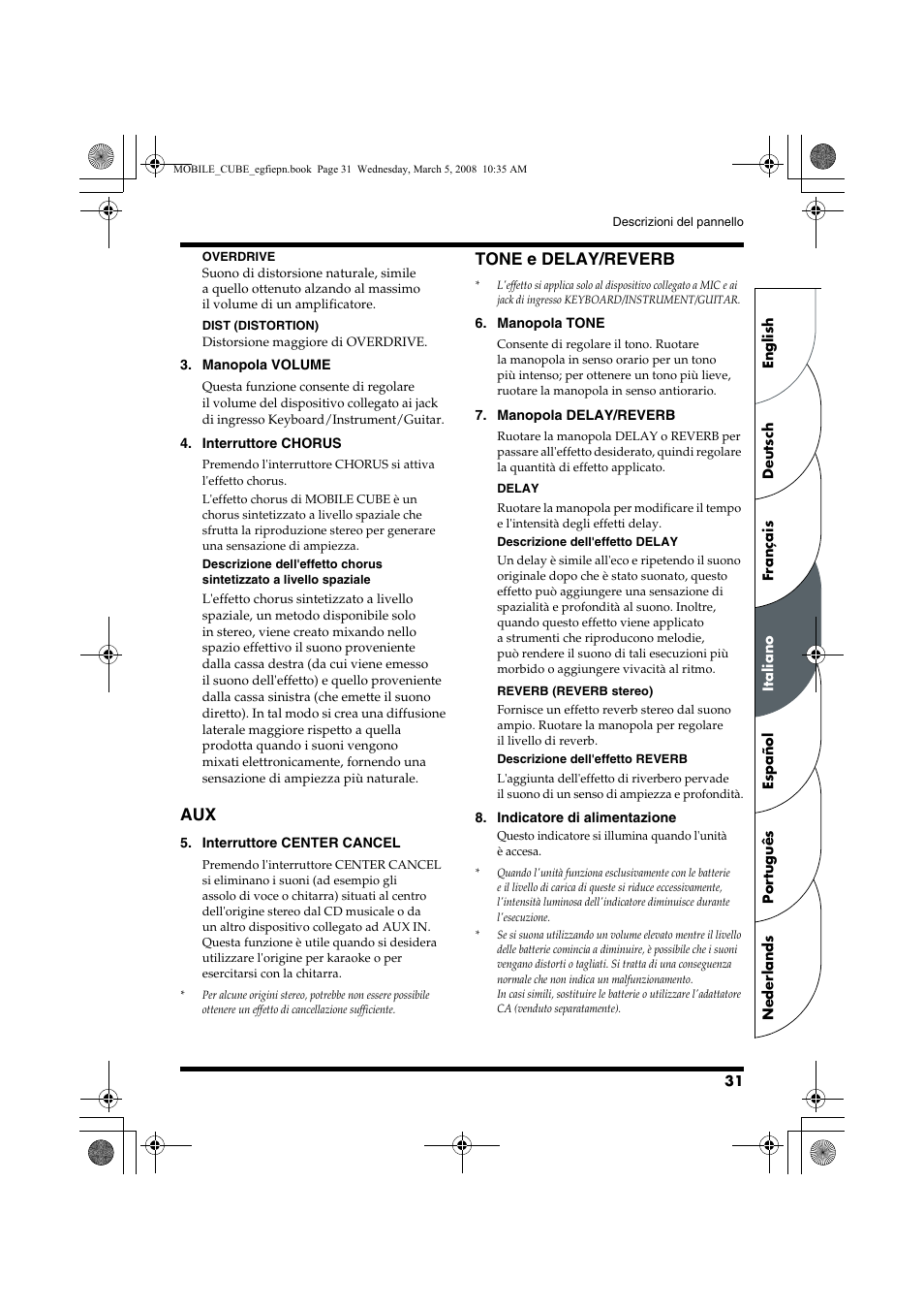 Tone e delay/reverb | Roland MOBILE CUBE User Manual | Page 31 / 64