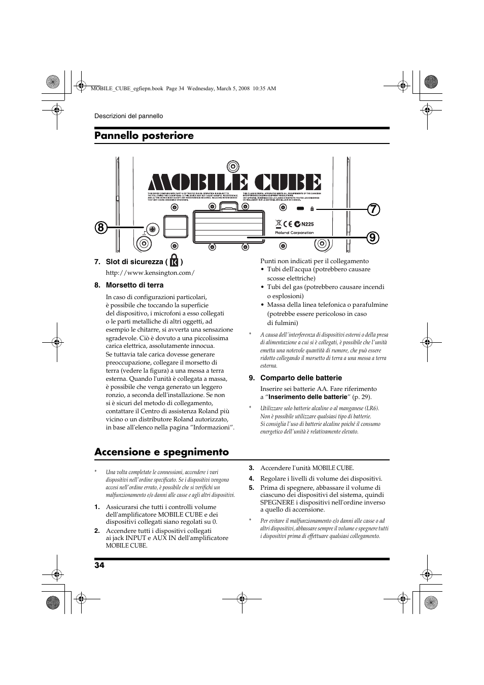 Pannello posteriore, Accensione e spegnimento | Roland MOBILE CUBE User Manual | Page 34 / 64