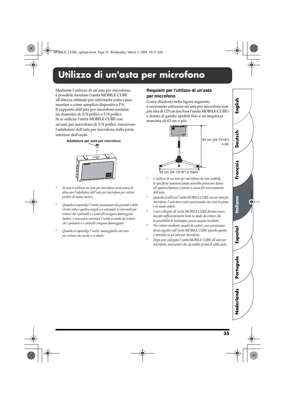 Utilizzo di un'asta per microfono | Roland MOBILE CUBE User Manual | Page 35 / 64