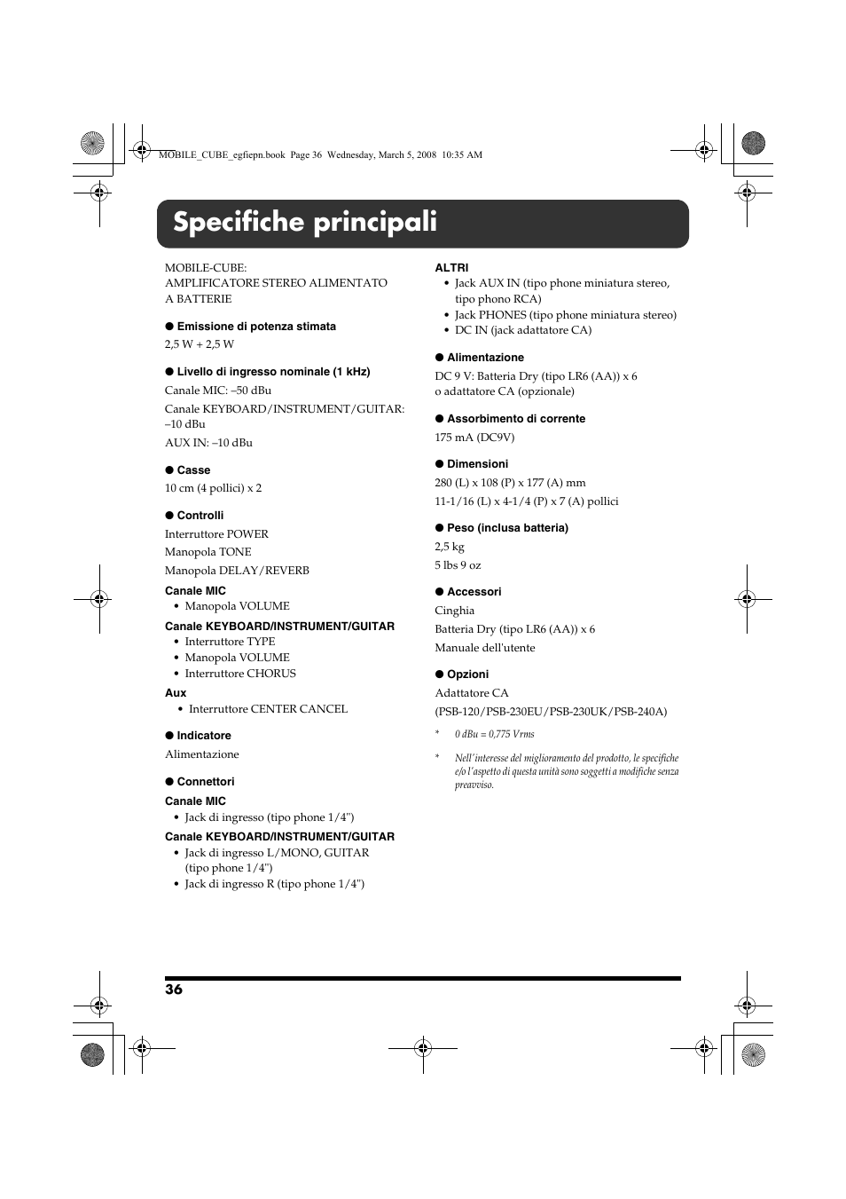 Specifiche principali | Roland MOBILE CUBE User Manual | Page 36 / 64