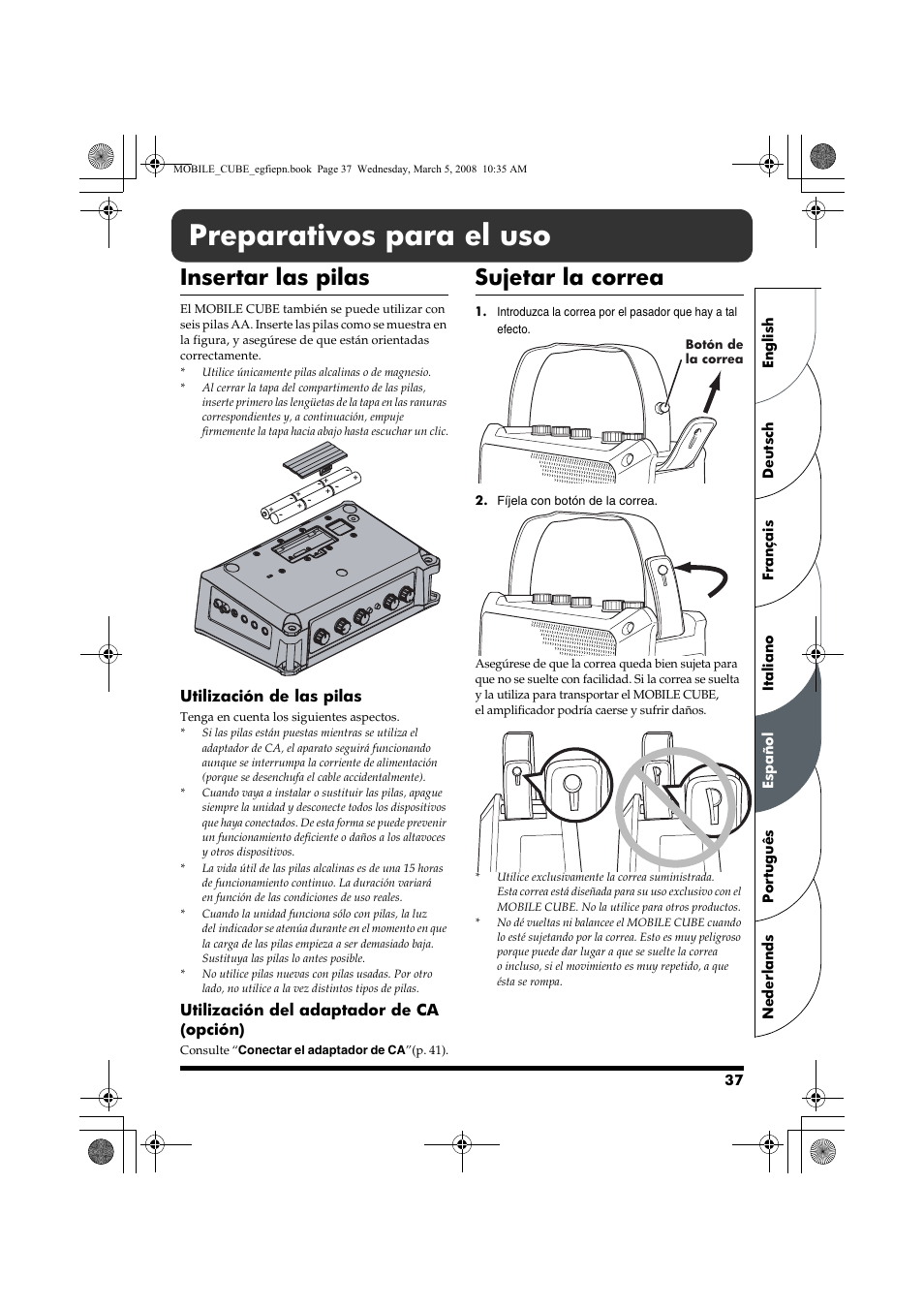 Español, Preparativos para el uso, Insertar las pilas | Sujetar la correa | Roland MOBILE CUBE User Manual | Page 37 / 64