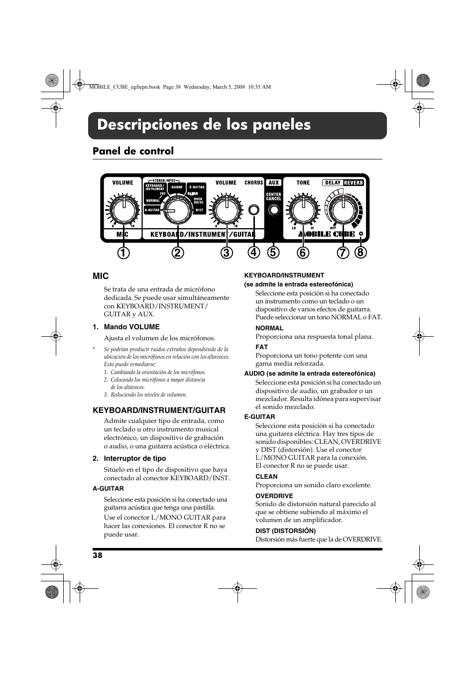 Descripciones de los paneles, Panel de control, Keyboard/instrument/guitar | Roland MOBILE CUBE User Manual | Page 38 / 64