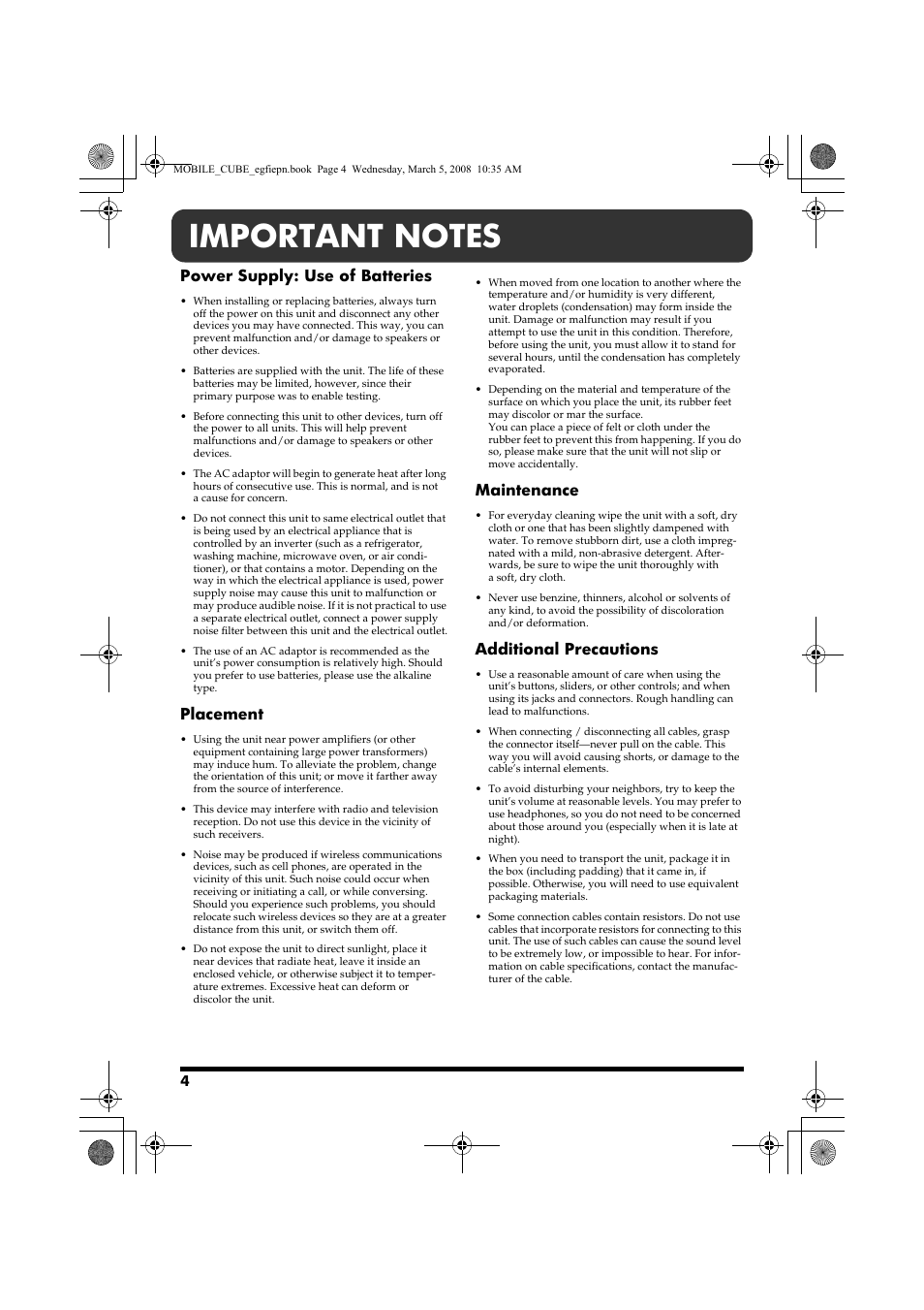 Important notes, Power supply: use of batteries, Placement | Maintenance, Additional precautions | Roland MOBILE CUBE User Manual | Page 4 / 64