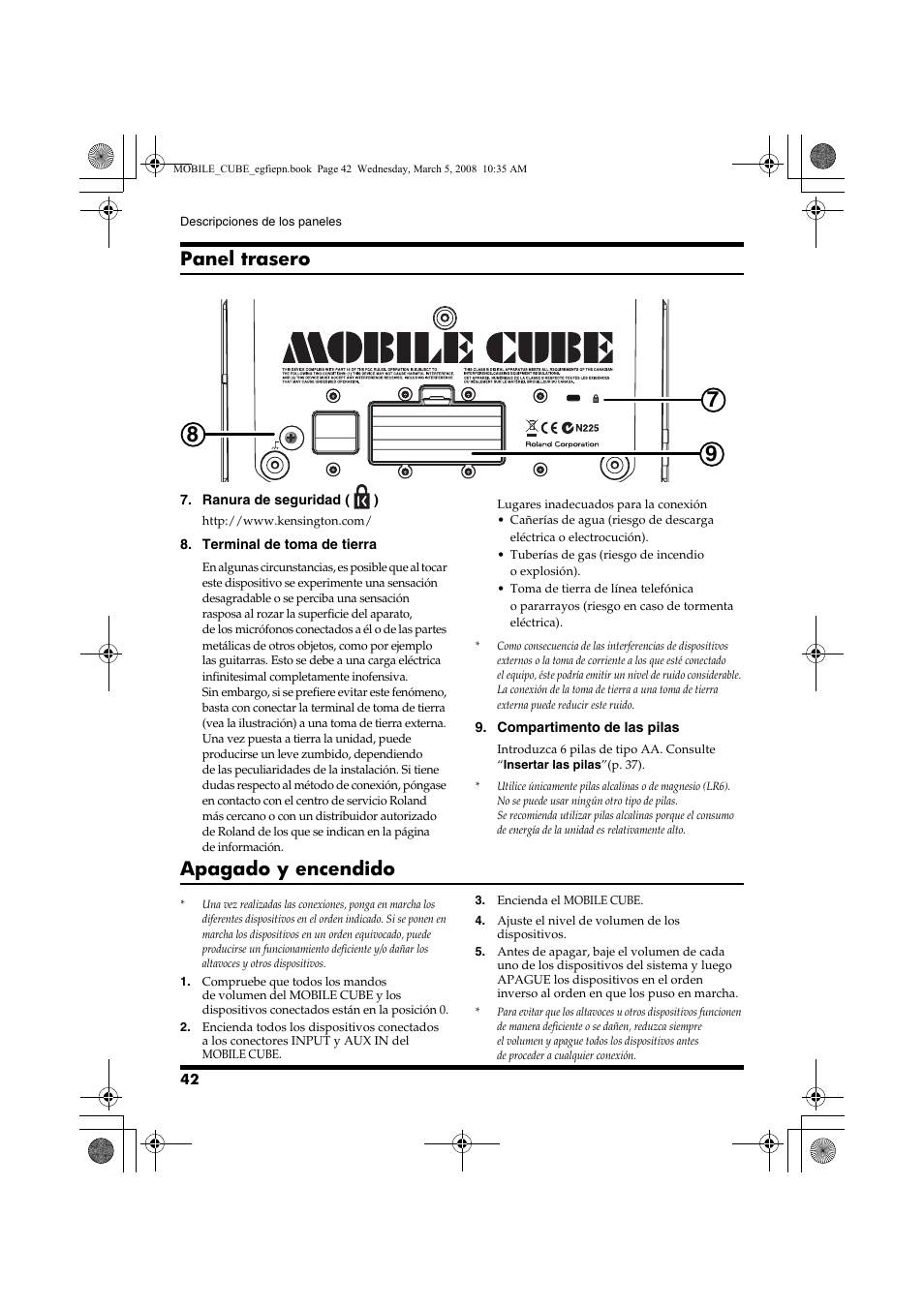 Panel trasero, Apagado y encendido | Roland MOBILE CUBE User Manual | Page 42 / 64