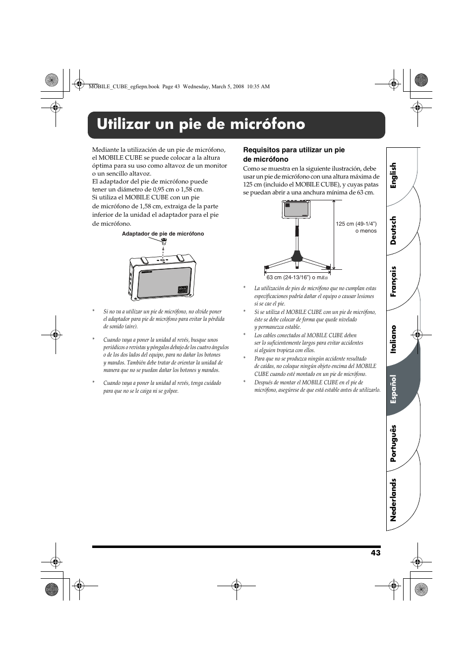 Utilizar un pie de micrófono | Roland MOBILE CUBE User Manual | Page 43 / 64